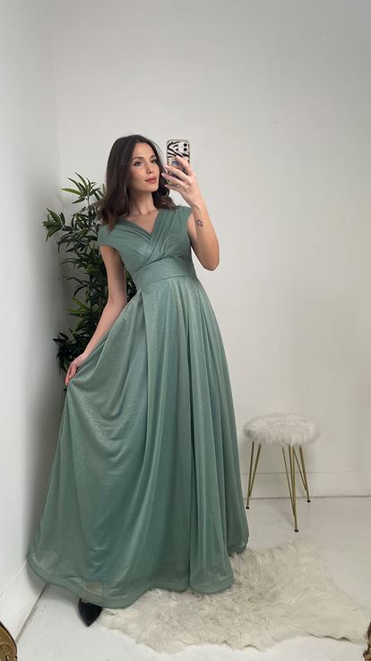 Vestido de noche de tul brillante sin mangas con cuello cruzado verde menta