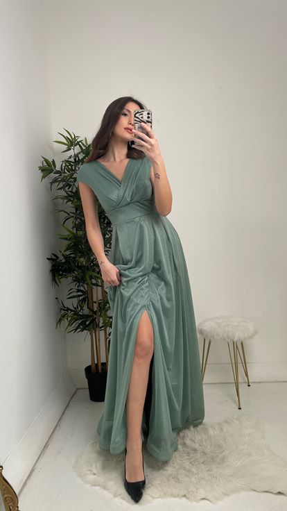Vestido de noche de tul brillante sin mangas con cuello cruzado verde menta