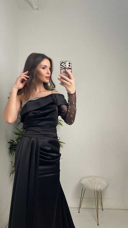 Black Satin Cocktail Evening Dress