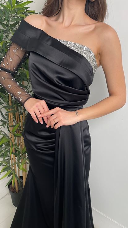 Black Satin Cocktail Evening Dress