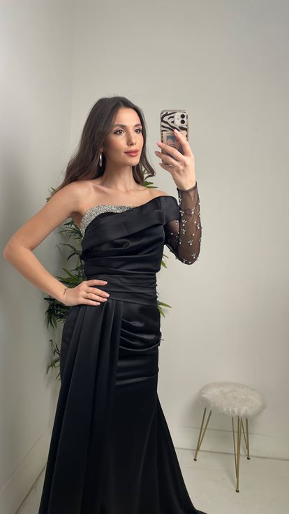 Black Satin Cocktail Evening Dress
