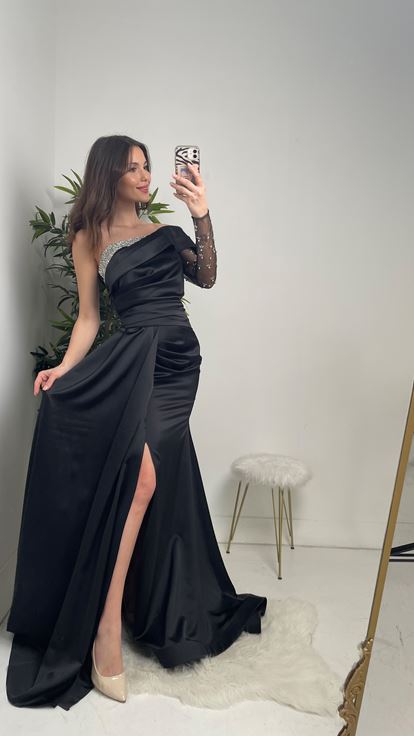 Black Satin Cocktail Evening Dress
