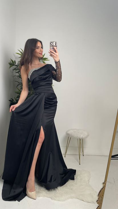 Black Satin Cocktail Evening Dress