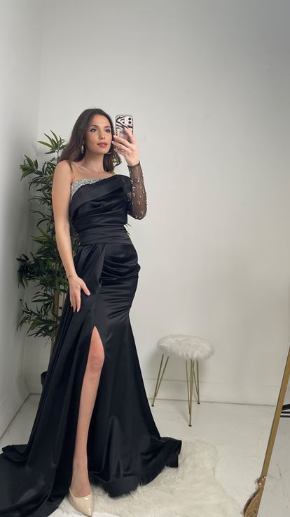 Black Satin Cocktail Evening Dress