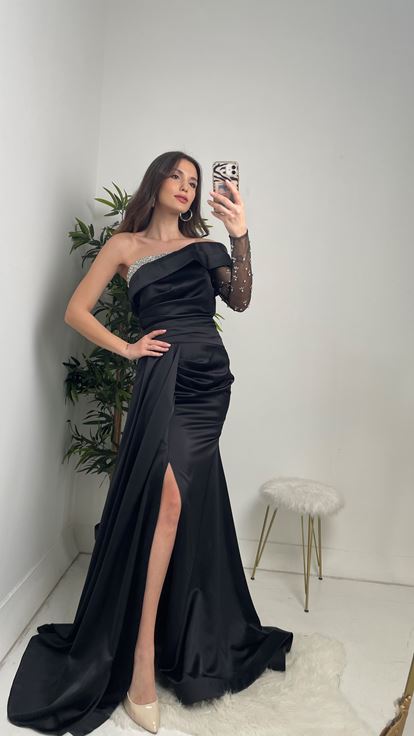Black Satin Cocktail Evening Dress