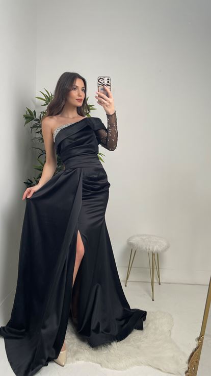 Black Satin Cocktail Evening Dress