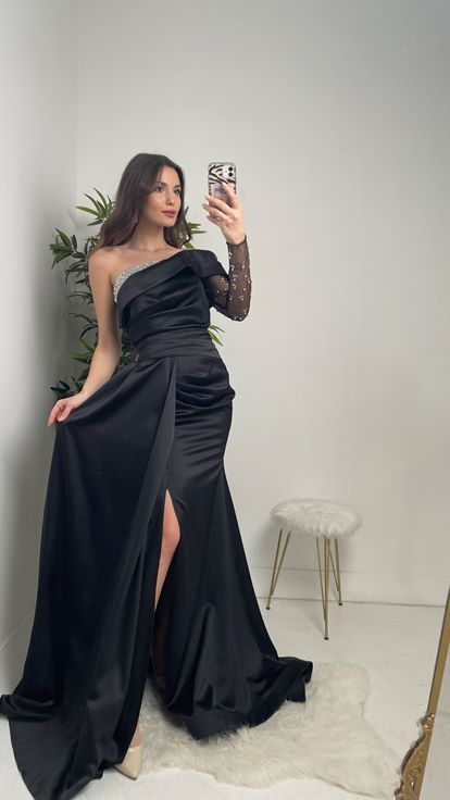 Black Satin Cocktail Evening Dress