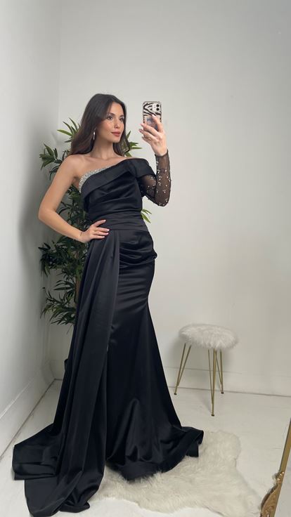 Black Satin Cocktail Evening Dress