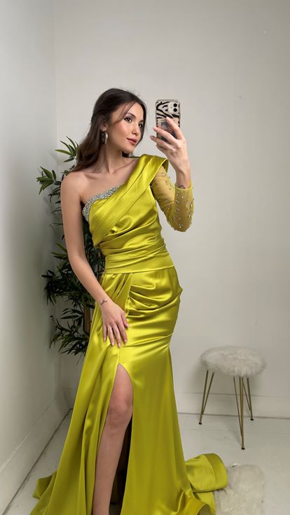 Yellow One Sleeve Satin Cocktail Evening Dress with Stones on the Breast