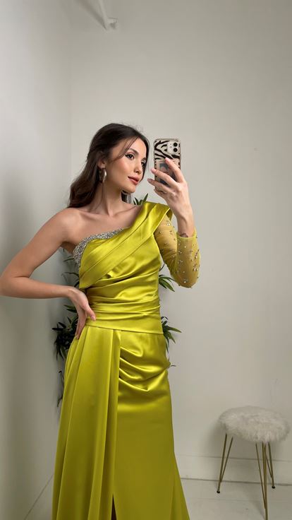 Yellow One Sleeve Satin Cocktail Evening Dress with Stones on the Breast