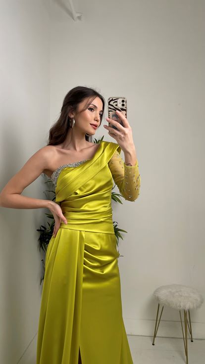 Yellow One Sleeve Satin Cocktail Evening Dress with Stones on the Breast