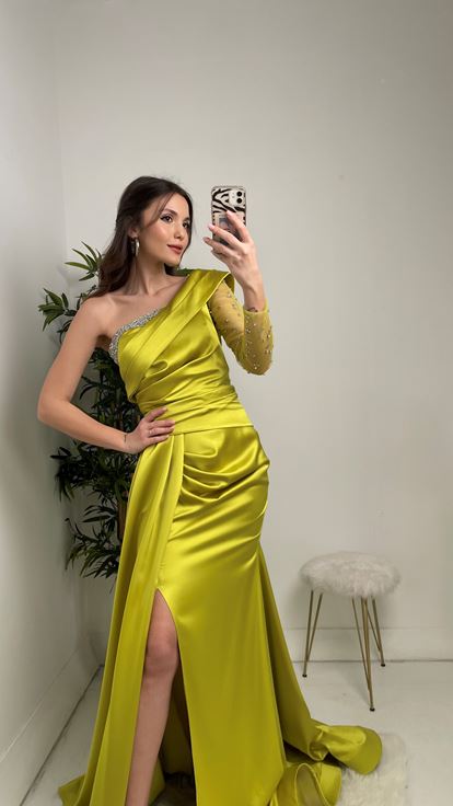 Yellow One Sleeve Satin Cocktail Evening Dress with Stones on the Breast