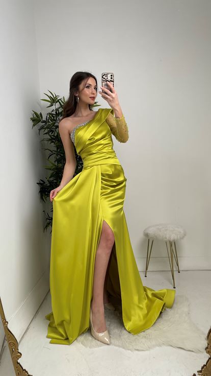 Yellow One Sleeve Satin Cocktail Evening Dress with Stones on the Breast