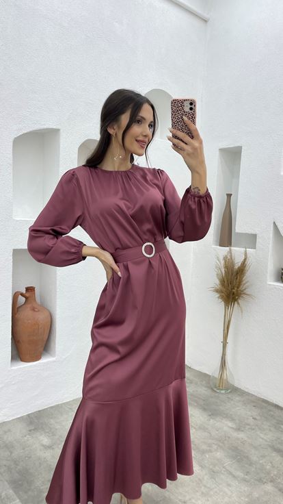 Dried Rose Belt Detail Satin Hijab Evening Dress