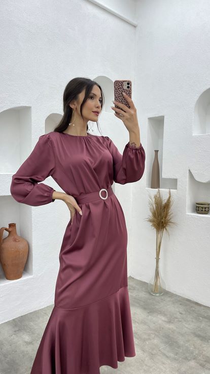 Dried Rose Belt Detail Satin Hijab Evening Dress