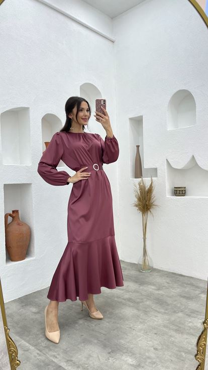 Dried Rose Belt Detail Satin Hijab Evening Dress