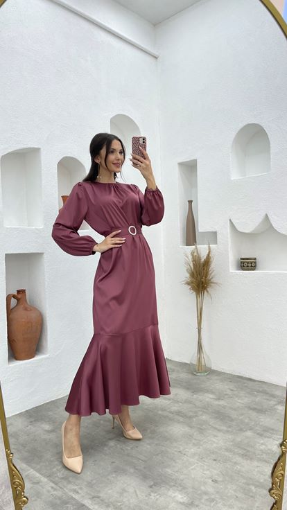 Dried Rose Belt Detail Satin Hijab Evening Dress