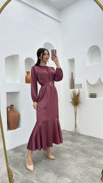 Dried Rose Belt Detail Satin Hijab Evening Dress