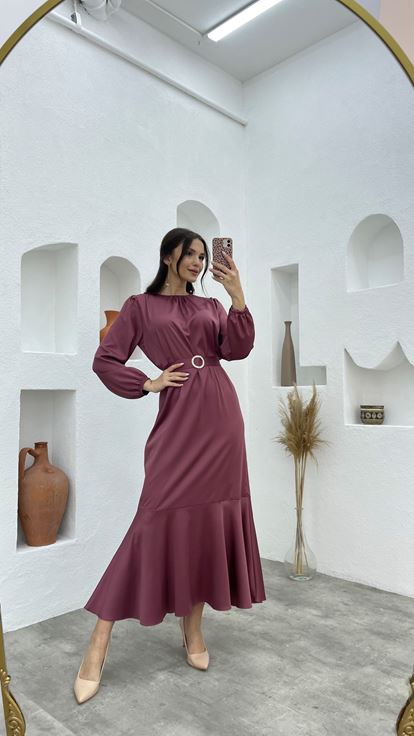 Dried Rose Belt Detail Satin Hijab Evening Dress