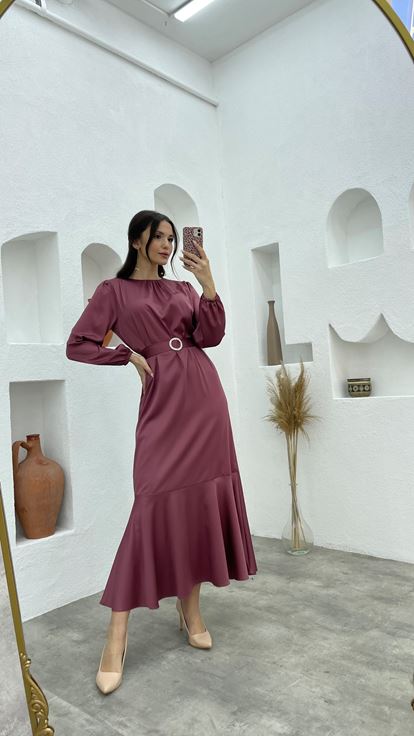 Dried Rose Belt Detail Satin Hijab Evening Dress
