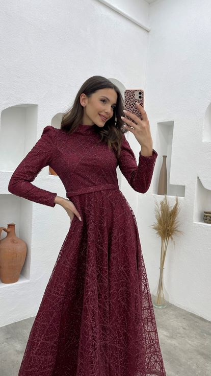 Bordo Kemerli Simli Tesettür Abiye Elbise