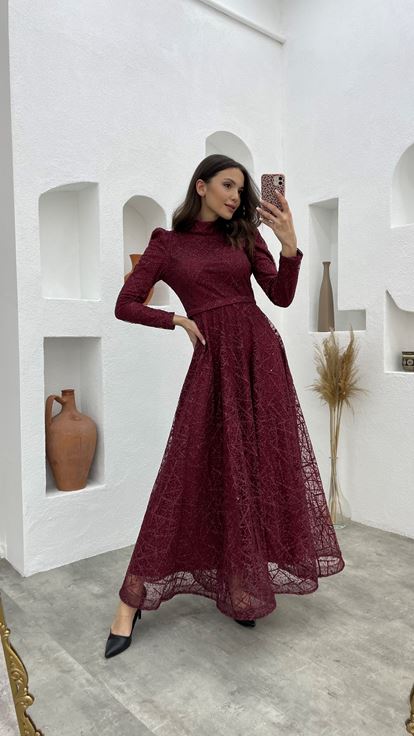 Bordo Kemerli Simli Tesettür Abiye Elbise