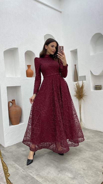 Bordo Kemerli Simli Tesettür Abiye Elbise