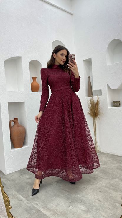 Bordo Kemerli Simli Tesettür Abiye Elbise