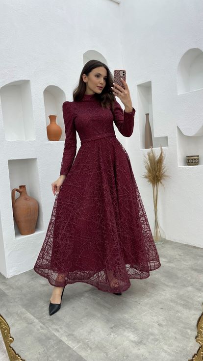 Bordo Kemerli Simli Tesettür Abiye Elbise