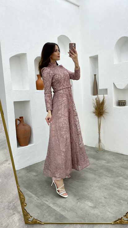 Krem Kemerli Simli Tesettür Abiye Elbise