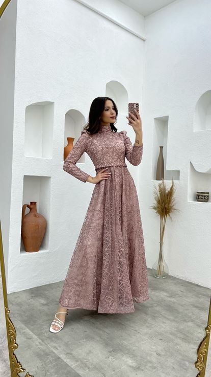 Krem Kemerli Simli Tesettür Abiye Elbise