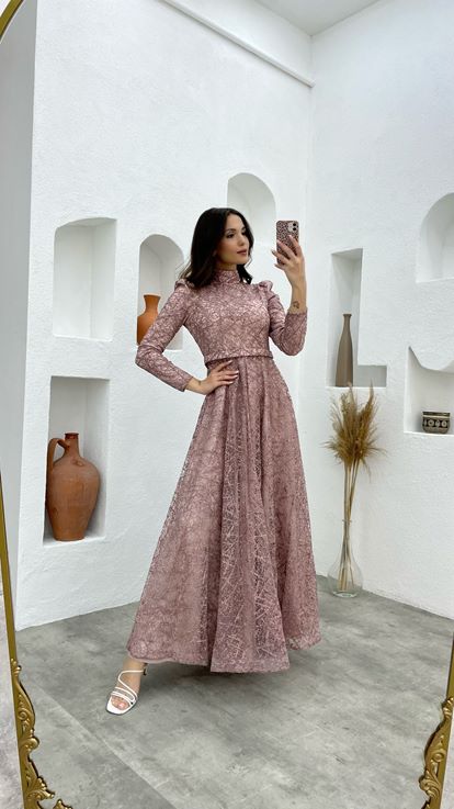 Krem Kemerli Simli Tesettür Abiye Elbise