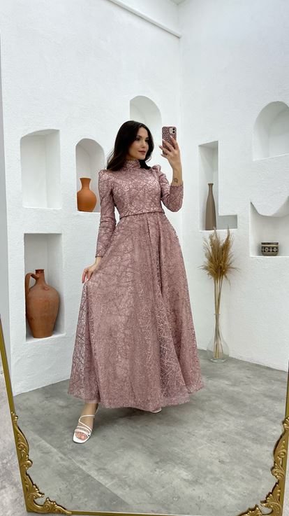 Krem Kemerli Simli Tesettür Abiye Elbise