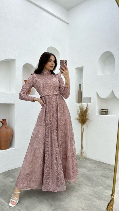 Krem Kemerli Simli Tesettür Abiye Elbise