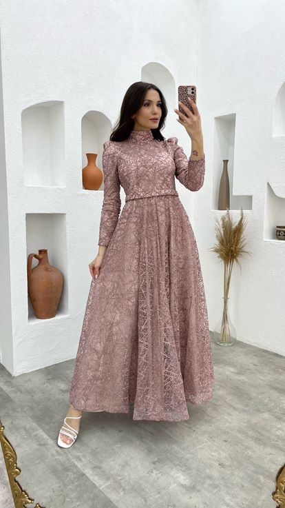 Krem Kemerli Simli Tesettür Abiye Elbise