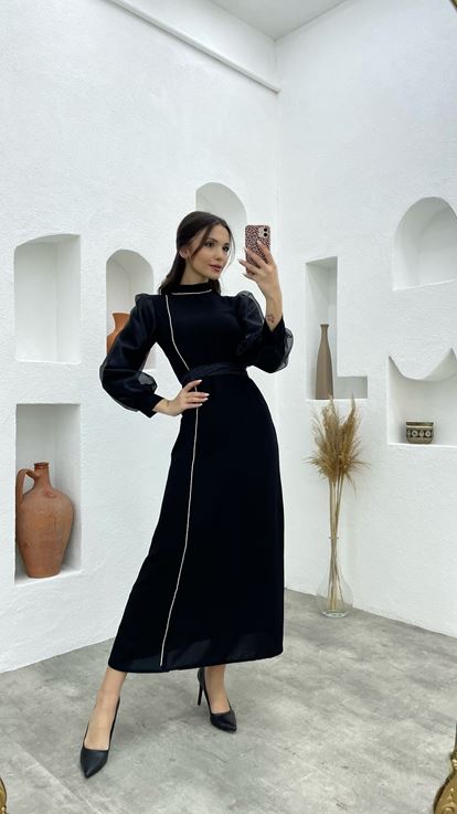 Black Sleeves Tulle Tassel Detail Belted Hijab Evening Dress