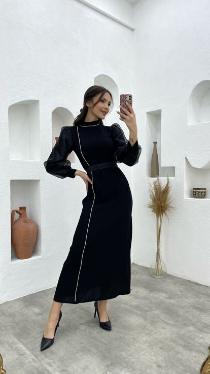 Black Sleeves Tulle Tassel Detail Belted Hijab Evening Dress