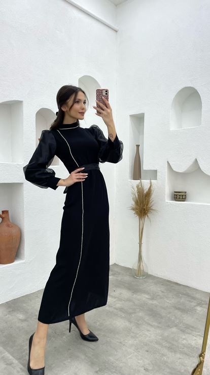 Black Sleeves Tulle Tassel Detail Belted Hijab Evening Dress