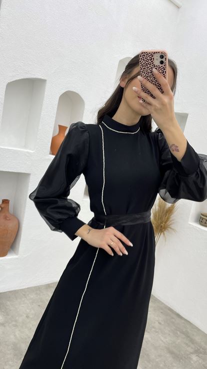 Black Sleeves Tulle Tassel Detail Belted Hijab Evening Dress