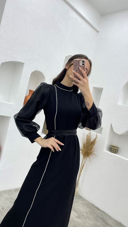 Black Sleeves Tulle Tassel Detail Belted Hijab Evening Dress