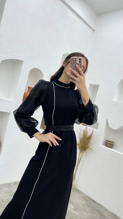 Black Sleeves Tulle Tassel Detail Belted Hijab Evening Dress
