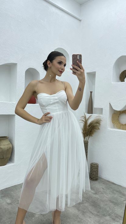 Beyaz İp Askılı Tül Abiye Elbise