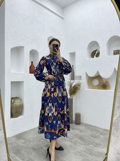 Lacivert Kuşaklı Düğme Detay Etnik Desen Elbise