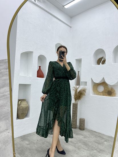 Yeşil Kemerli Desenli Şifon Elbise