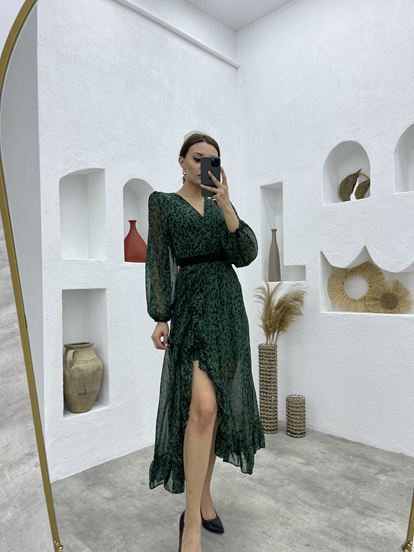 Yeşil Kemerli Desenli Şifon Elbise