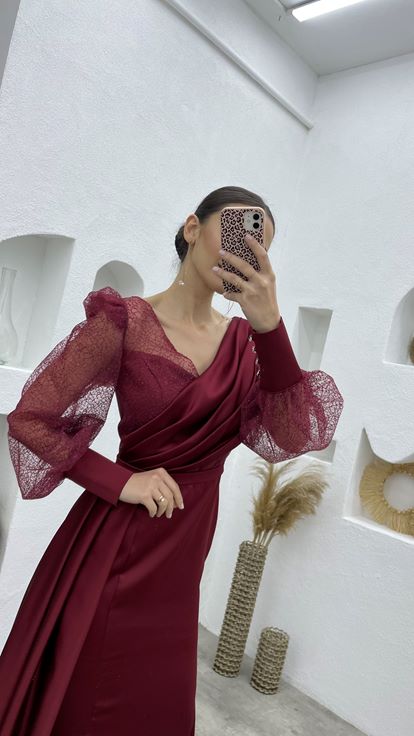 Claret Red Balloon Sleeve Allen Satin Evening Dress