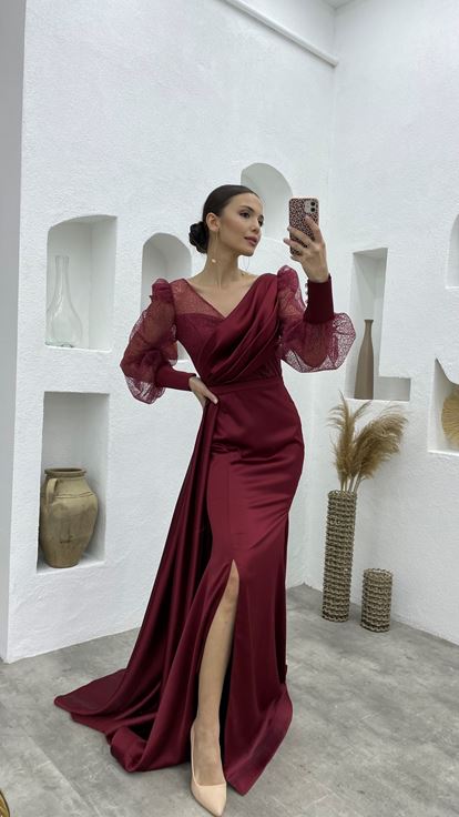 Claret Red Balloon Sleeve Allen Satin Evening Dress