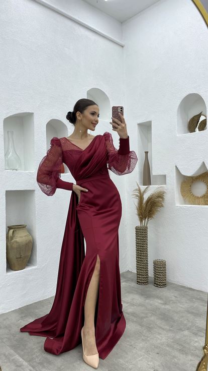 Claret Red Balloon Sleeve Allen Satin Evening Dress