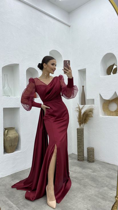 Claret Red Balloon Sleeve Allen Satin Evening Dress