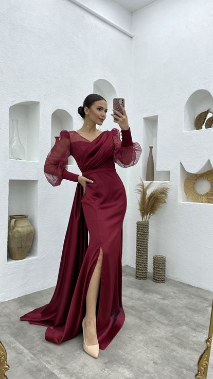 Claret Red Balloon Sleeve Allen Satin Evening Dress